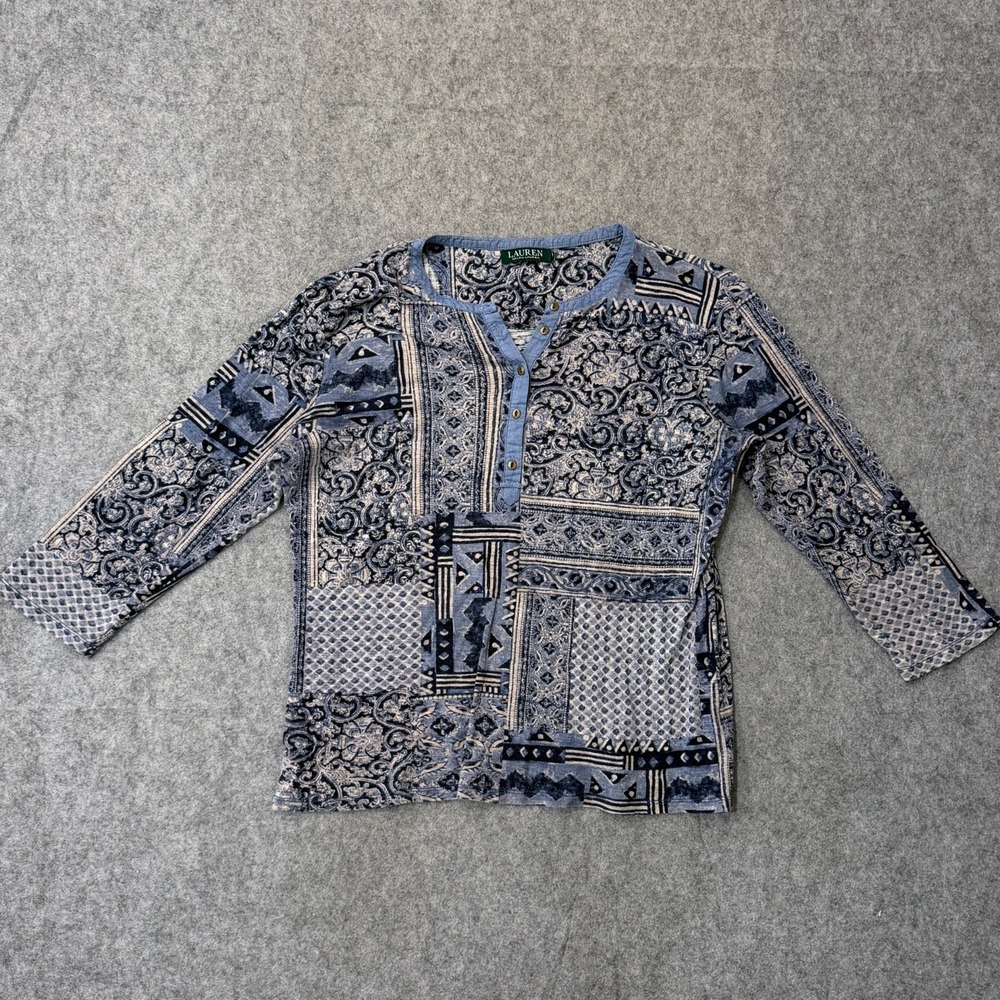 Lauren Ralph Lauren Blue Mixed Media Short Sleeve Henley Blouse Top Women Size L